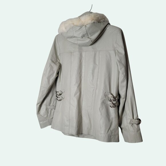 Luem Womens Faux Leather Jacket W/ Removable Faux Fur Hood & Buckle Accents Ligh - Picture 10 of 16